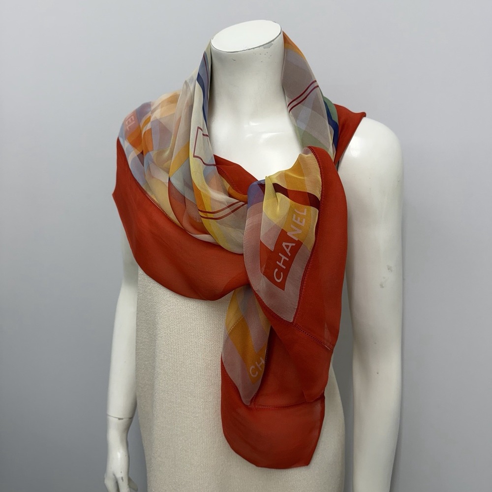 Chanel Sheer 100% Silk Scarf Large Center CC Logo Red Orange Yellow 38" x 39"